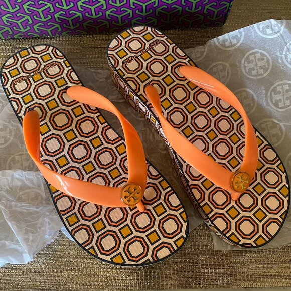 Tori Burch Cut-Out Platform Wedge Flip-Flops in Orange - Picture 1 of 5